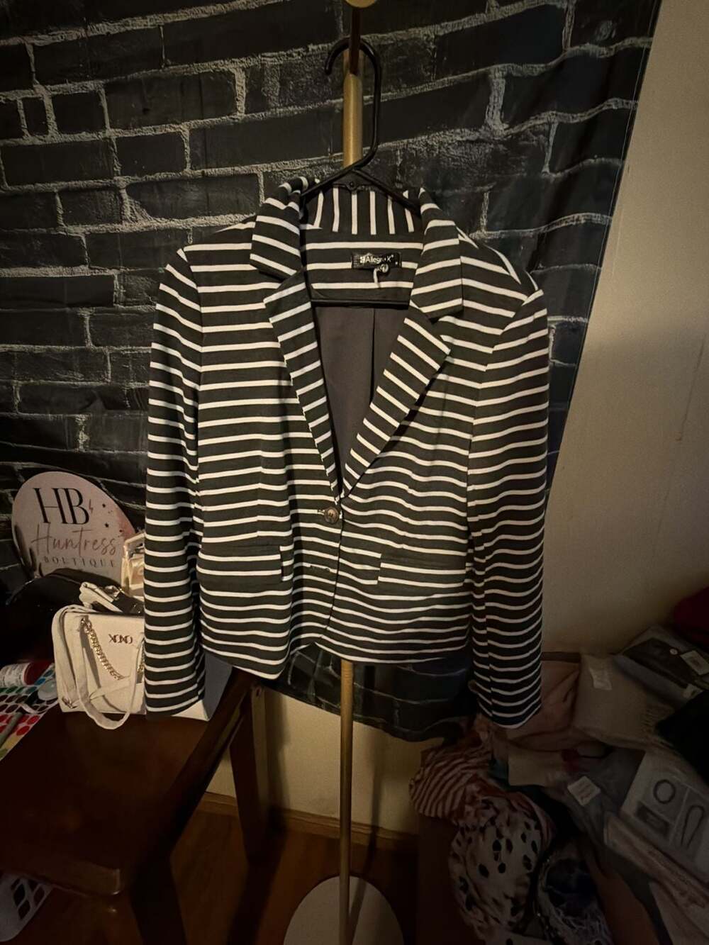 Allegra K Women's Black and White Striped Button Blazer Size M